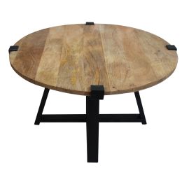 31 Inch Round Wooden Coffee Table with Banded Metal Frame; Brown and Black; DunaWest