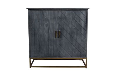 Roy 34 Inch Plank Design 2 Door Mango Wood Sideboard Storage Cabinet; Rustic Bronze Metal Frame; Gray; DunaWest