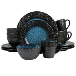 Elama Estevan 16 Piece Round Textured Stoneware Dinnerware Set in Charcoal and Blue